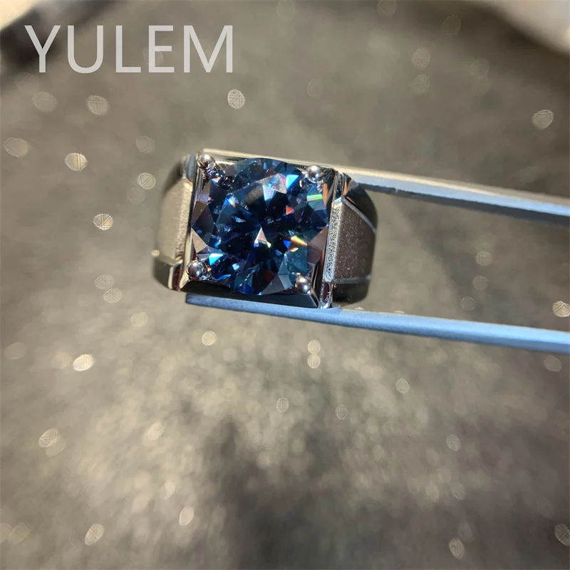 YULEM Big Size Blue Moissanite Men Ring 5ct 11x11mm  Rings for Men 925 Silver Luxury Jewelry Best Gift for Men