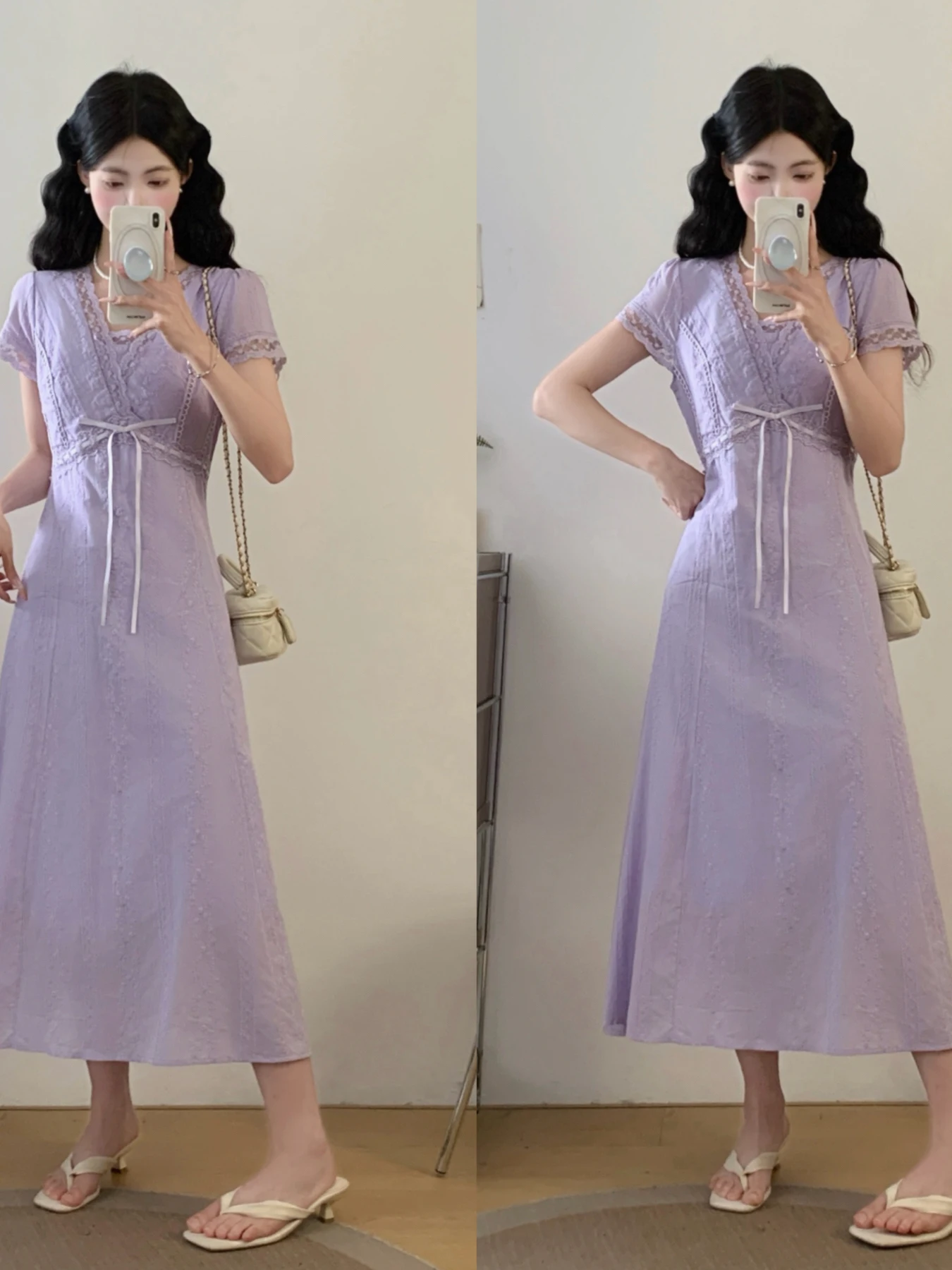 

plus Size Summer Long V-Neck Dress Soft Purple Short Sleeve Women's Dress Slimming Effect Meat Covering A-Line French Style D...