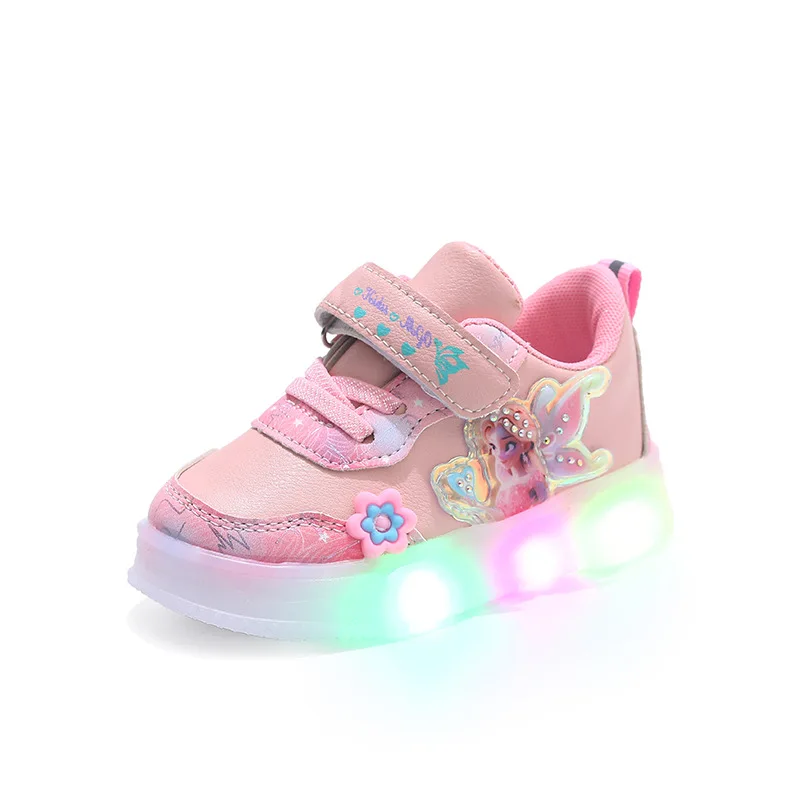 Disney LED Casual Sneakers For Spring Girls Frozen Elsa Princess Print Pu Leather Shoes Children Lighted Non-slip Pink Purple