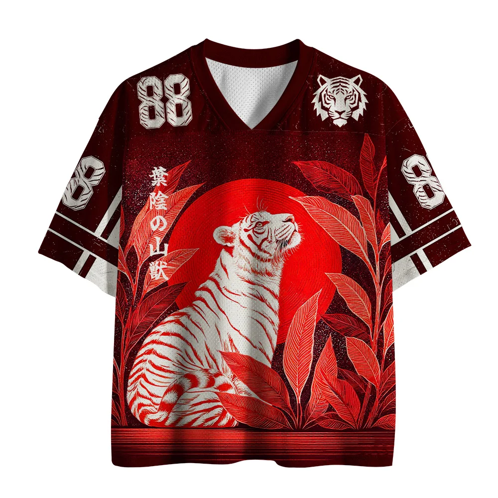 White Tiger Red Sun Leaf Full Print V-neck Short Sleeved Shirt, Size 88, Eastern Chinese Character Burgundy, Adult and Children