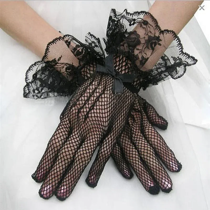 Eleganckie damskie krótkie koronkowe rękawiczki Sheer Fishn Net Black White Prom Party Gloves Modne damskie rękawiczki w jednolitym kolorze Nowe