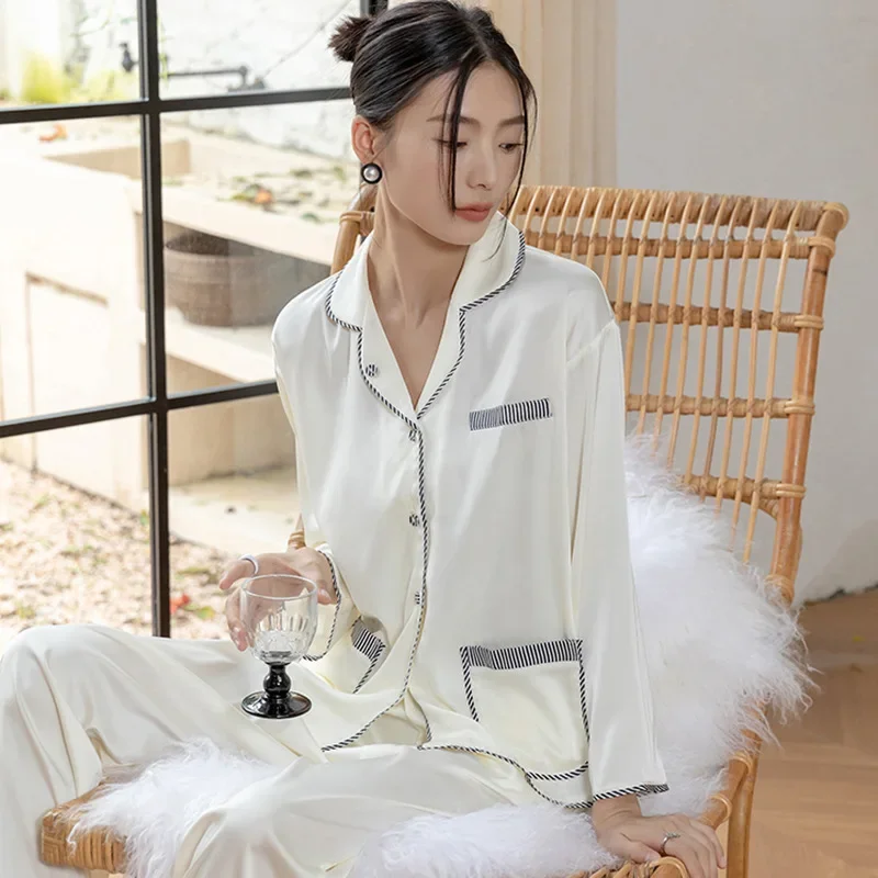

Long Sleeved Cardigan Loungewear Minimalist Homewear Sexy Lapel Two-Piece Pajamas Women's Satin Sleepwear Loose Casual Nightwear