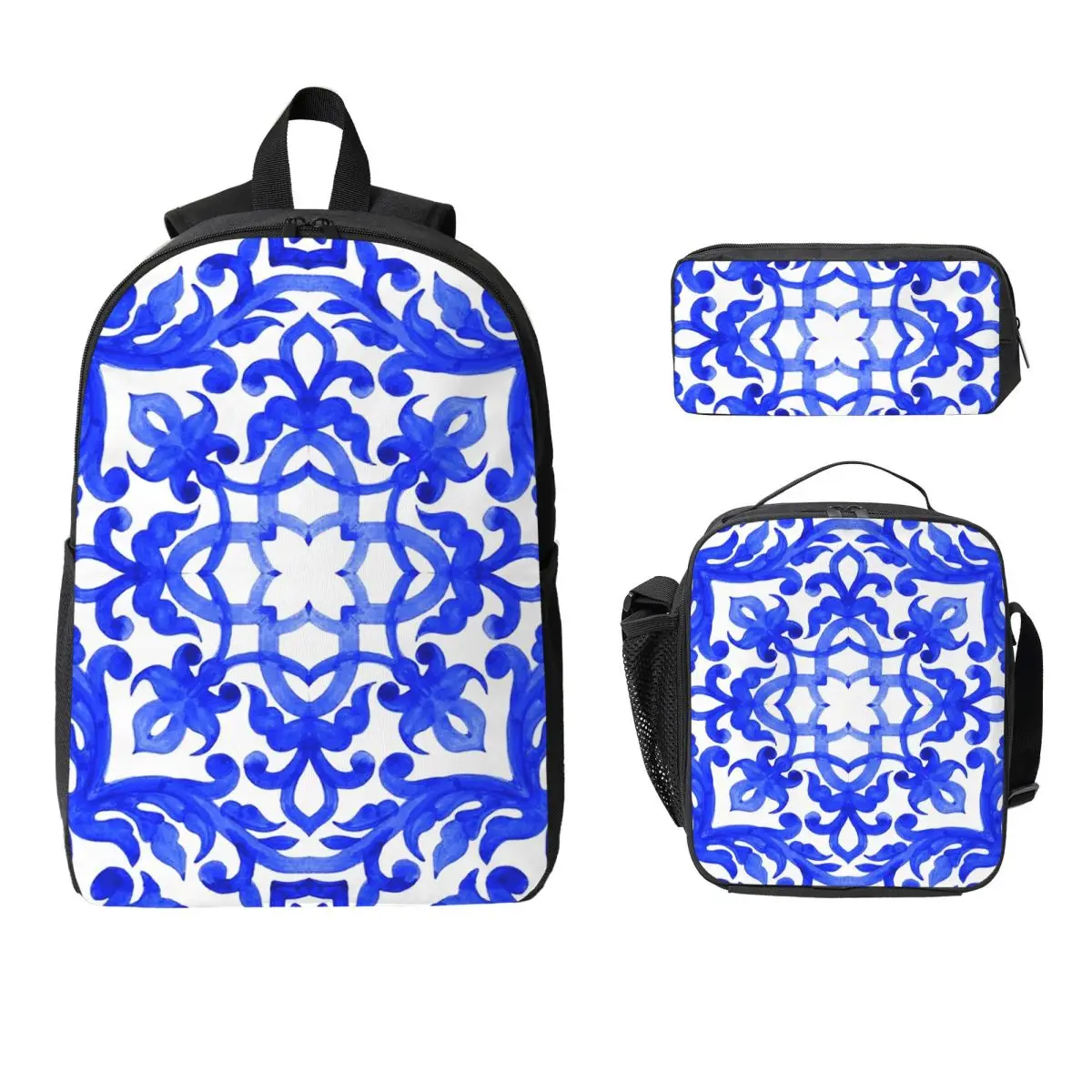 Portuguese Azulejo Tiles Backpack Boys Girls BookBag School Bag Computer Shoulder Bags 3ps Insulated Lunch Bag Pencil Case