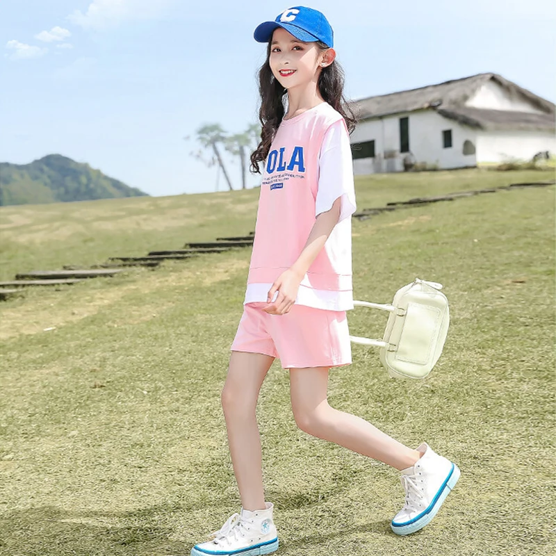 2023 New Summer Teenager Girls Clothing Sets Children Short Tops T Shirt + Shorts 2Pcs Kids Tracksuit 5 6 8 10 11 12 13 14 Years