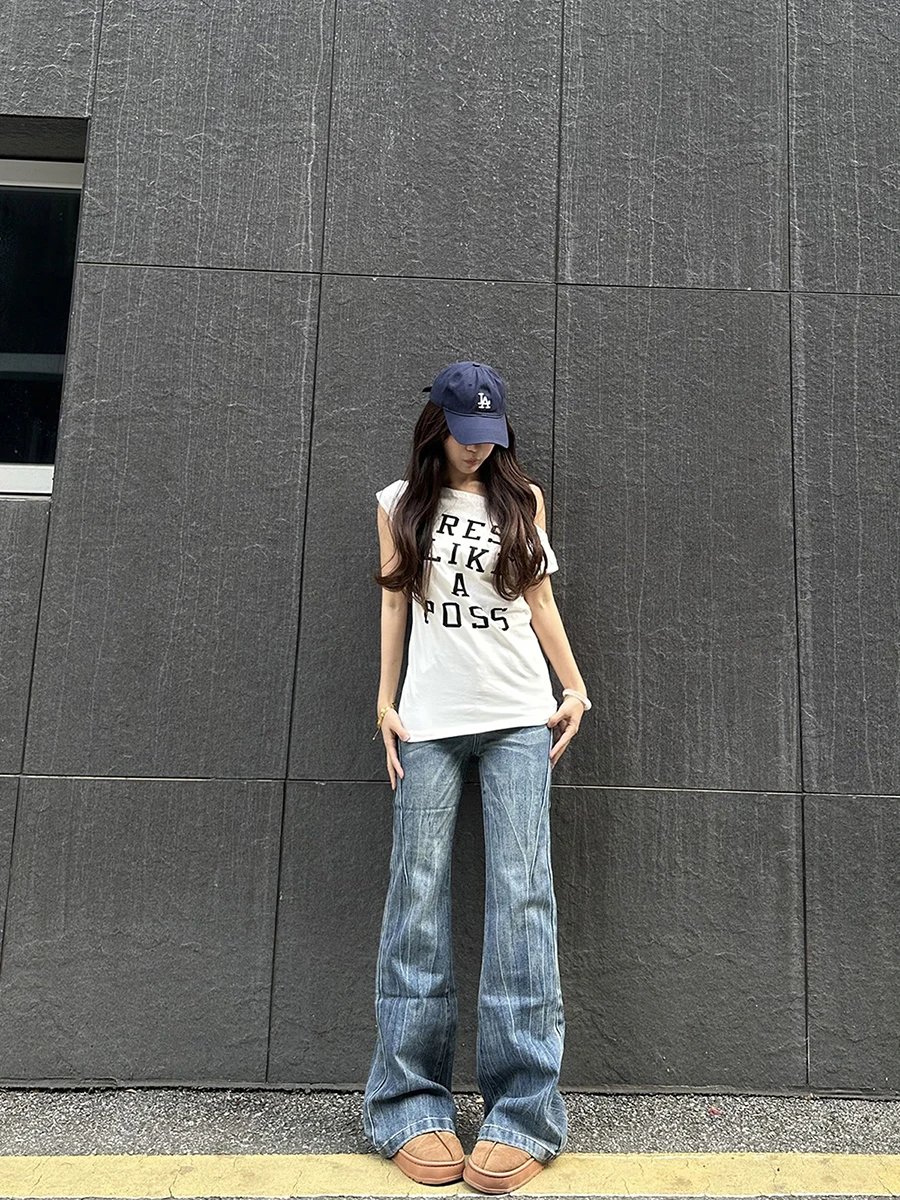 

Waed Denim Jeans Women's Slim Fit Micro Flared Pants Elastic Casual Low Waist Long Straight Tube Jeans Stand Version