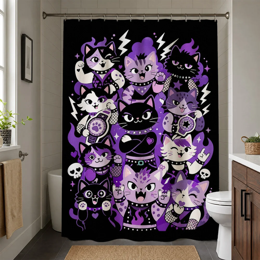 Cute Kawaii Cat Gang Shower Curtain Bathroom Decor Fun Pop Art Animal Print Shower Curtain