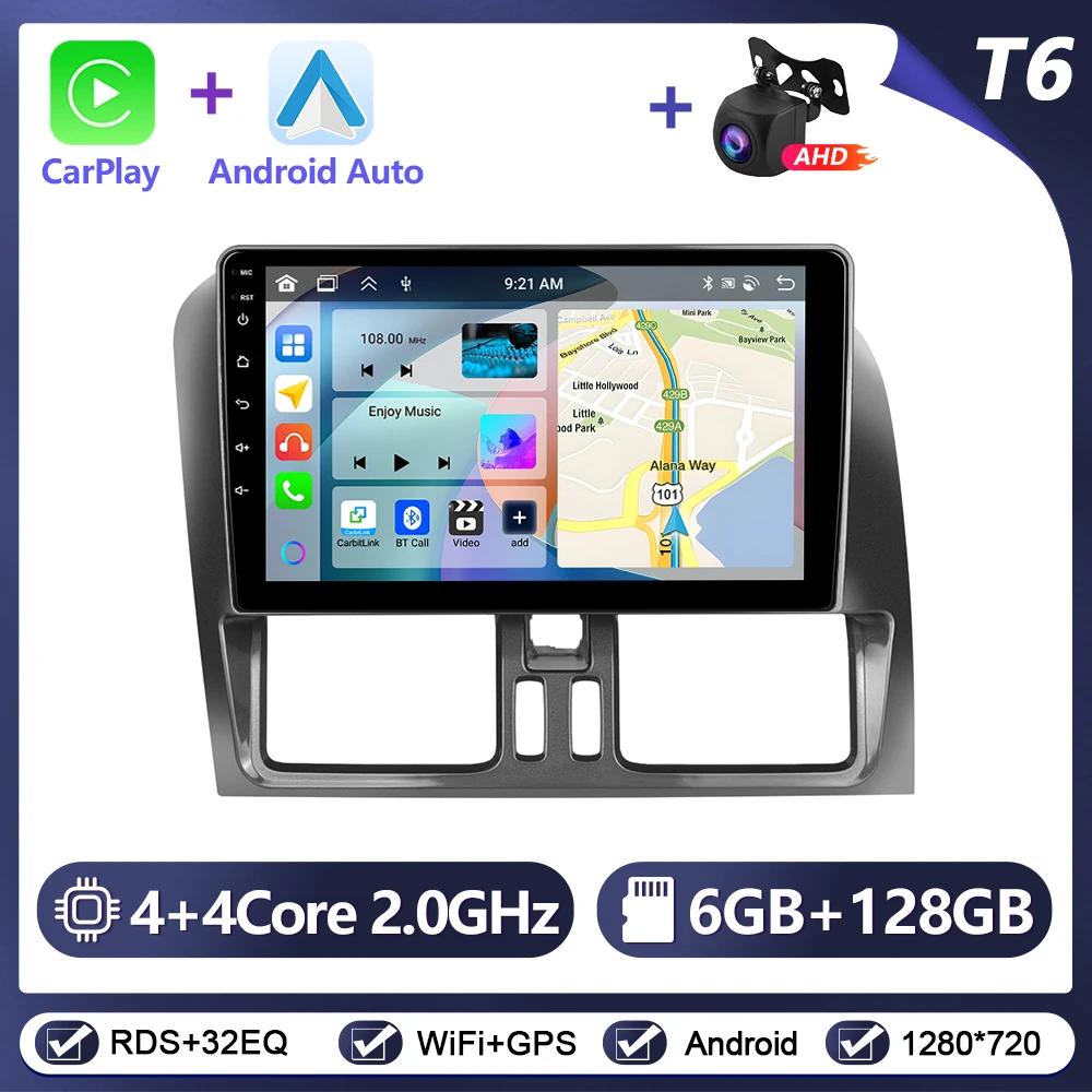 Podofo Draadloze Carplay Android Auto Radio voor VOLVO XC60 2008-2013 Auto Intelligent Systeem 6 + 128G WIFI GPS Navigatie Autostereo