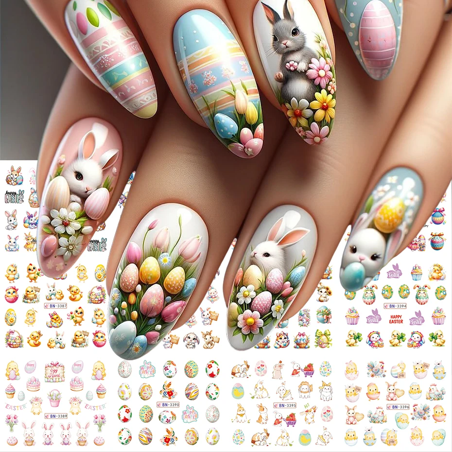 1 Sheet Cartoon Bunny Nail Sliders Water Stickers Cute Rabbit Egg Animals Nail Art Decals Transfer Sliders Manicure Decorations