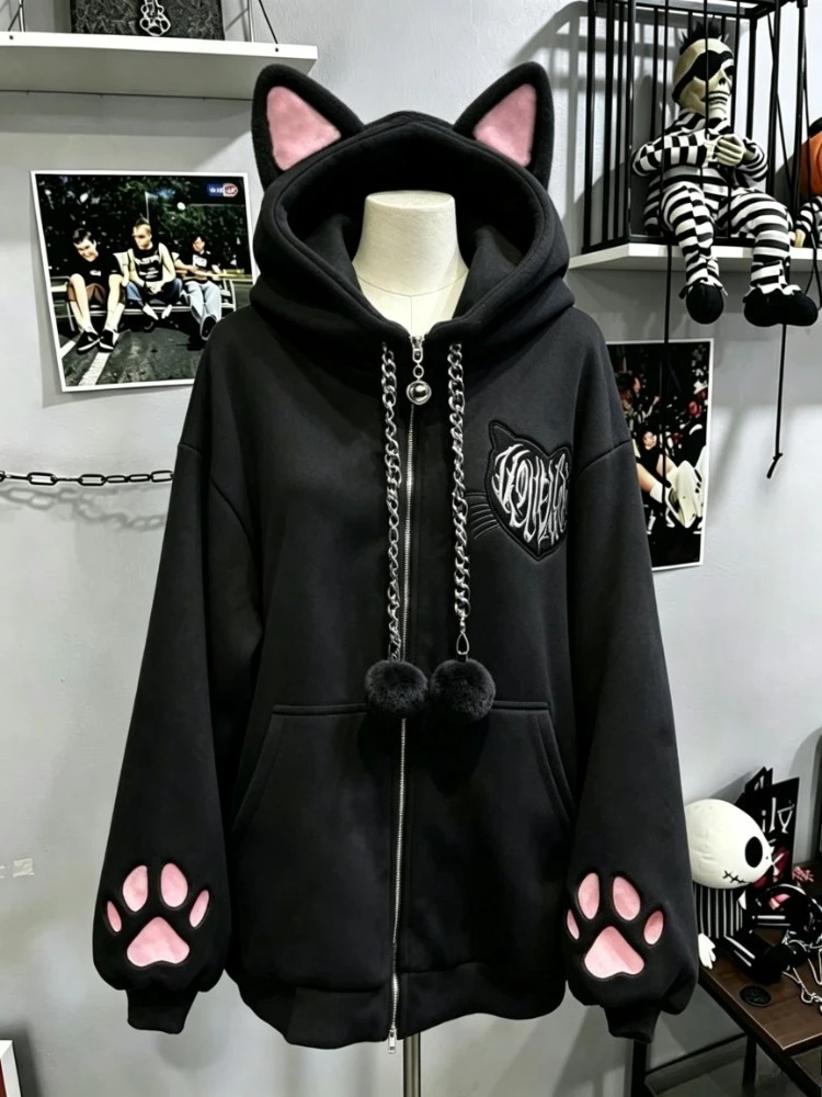 Japanese Vintage Gothic Cat Ear Hooded Coat Women Sweet Kawail Rabbit Ear Loose Sweatshirts Autumn Winter Y2k Harajuku Outerwear