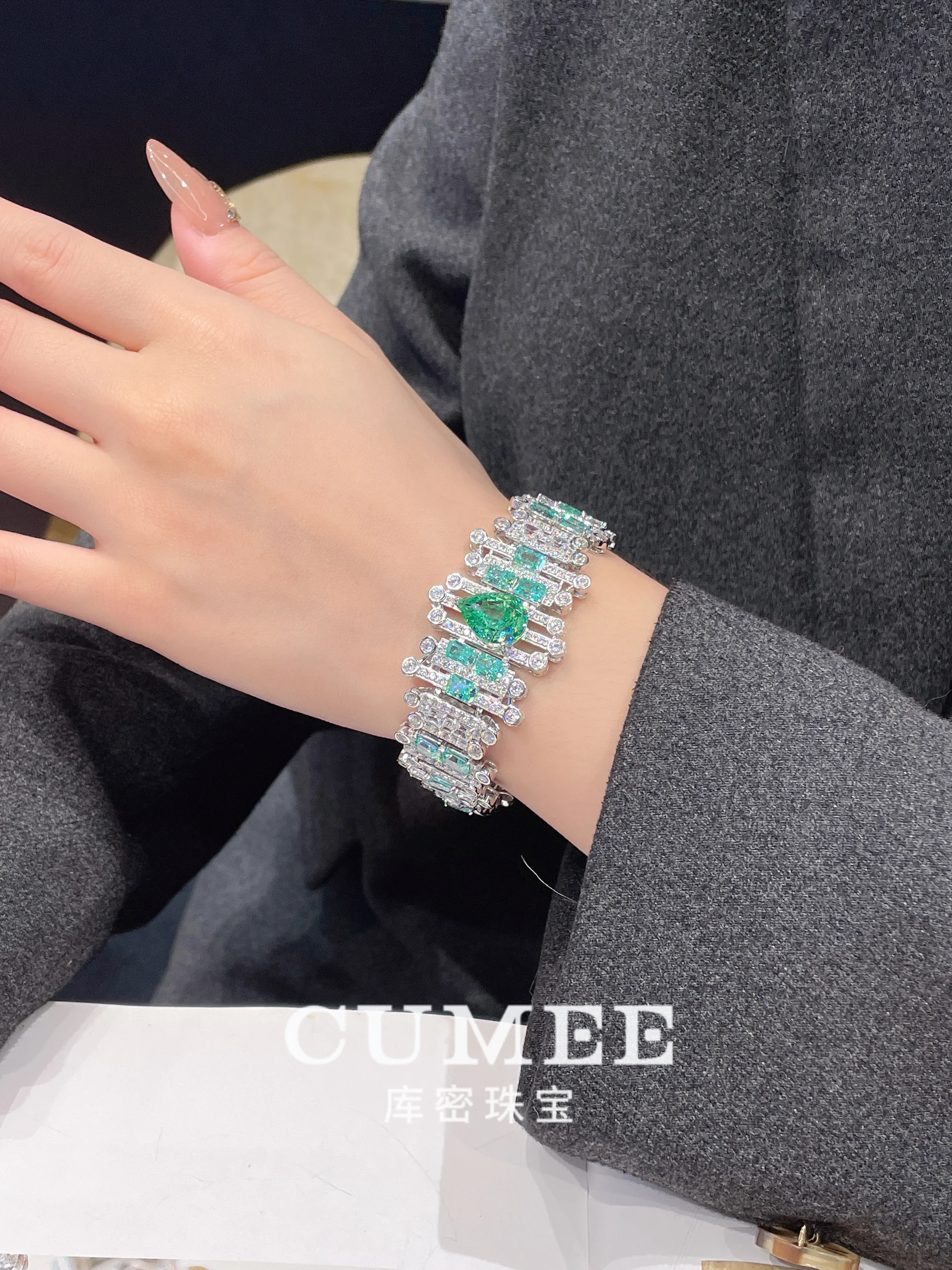 CUMEE Lab Created Synthetic Gemstone Paraiba Color Bracelet for Women 925 Sterling Silver Gold Plated