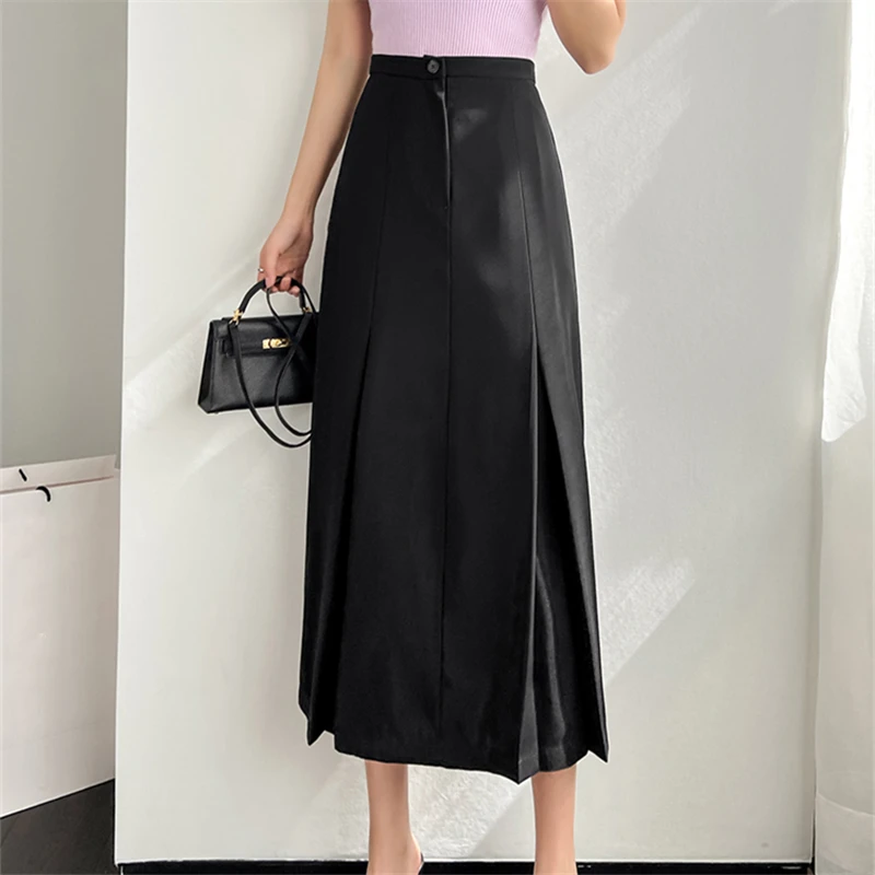 Seoulish Spring Summer Formal Workwear Pleated Women's Mi-Long Skirts New 2022 High Waist Female Minimalism A-Line Skirts