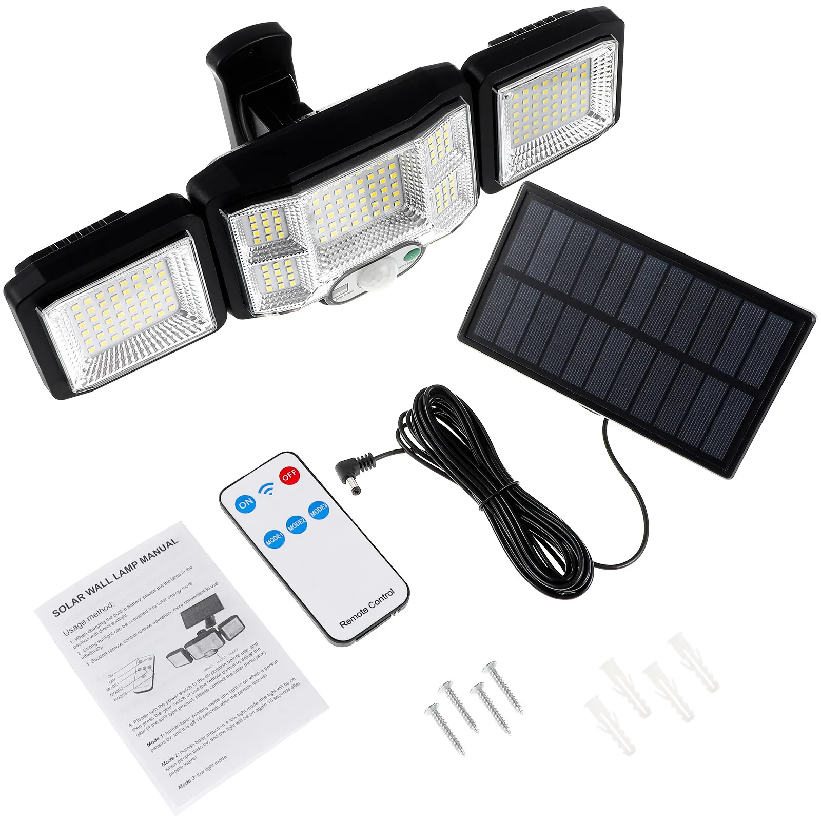 

Three Head Solar Light with Motion Sensor 192 LED Outdoor Security Lamp 270 Degree Adjustable for Garden Street Wall