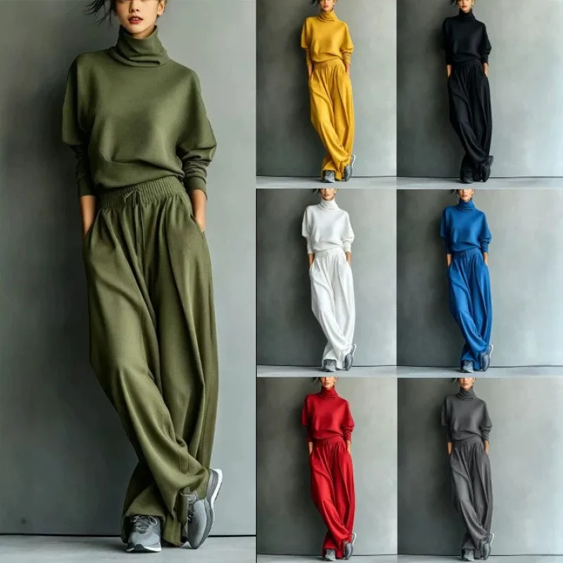 Women's Autumn Long Sleeve High Neck Knit Hoodie 2-Piece Set Solid Color Casual Elegant Matching Sets Woman Two Piece Set