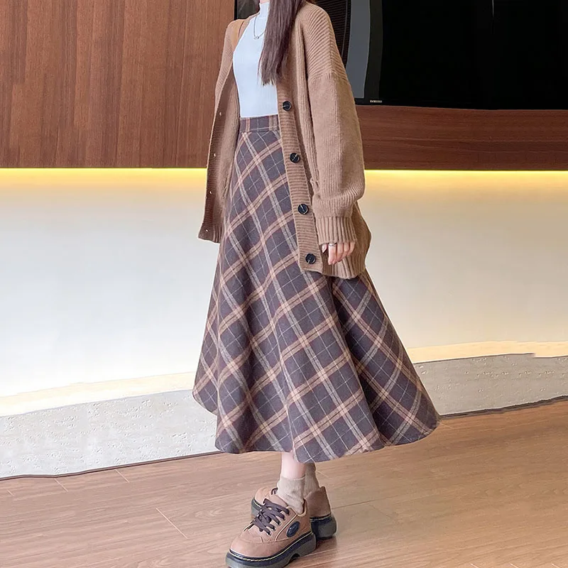 女性秋冬厚手ウールスカートヴィンテージブラウンハイウエストチェック柄スカート女性韓国ファッションストリートプリーツロングスカート
