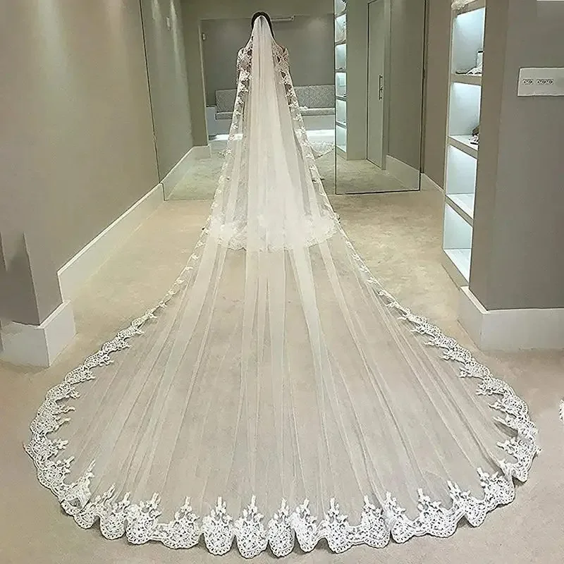 High Quality 3 Meters Long Full Edge Lace Wedding Veil One Layer Tulle Cathedral Bridal Veil  Wedding Accessories Veu Velo Noiva