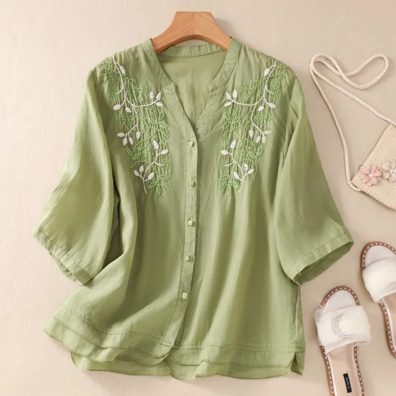 Embroidery Women\'s Shirts Summer New Chinese Style Blouses Cotton Linen V-neck Ladies Clothing 2023 Solid Loose Tops