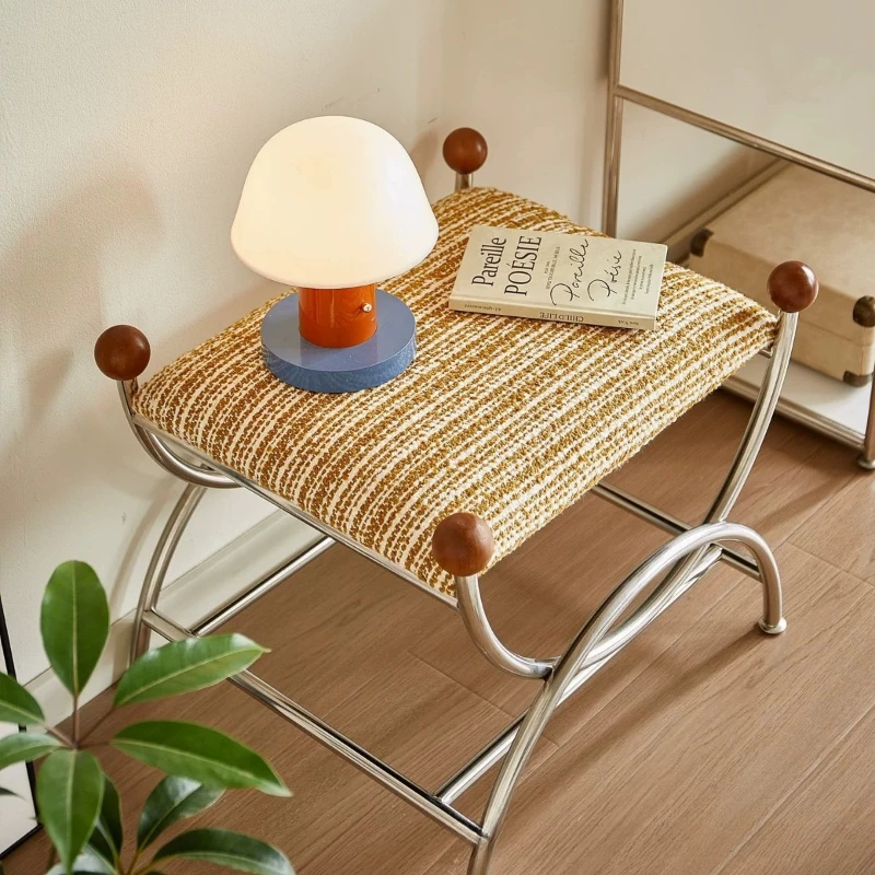Vintage Stainless Steel Shoe Stool for Entryway Upholstered Shoe Changing Bench Metal Vanity Seat for Bedroom Elegant Footstools