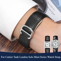 For Cartier Tank London SOLO Original Lychee Pattern Cow Leather Watchband Folding Buckle Men and Women 16 20 23 Falt Interface