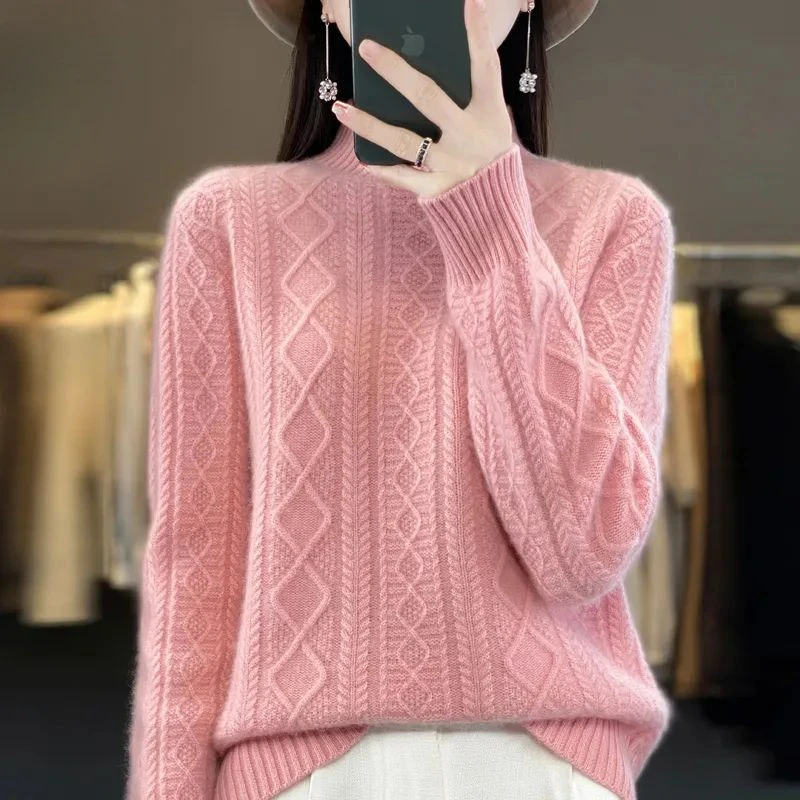 Maglione lavorato a maglia con fiori intrecciati a forma di diamante tenere in caldo la camicia a collo alto da donna autunno inverno Pullover addensato