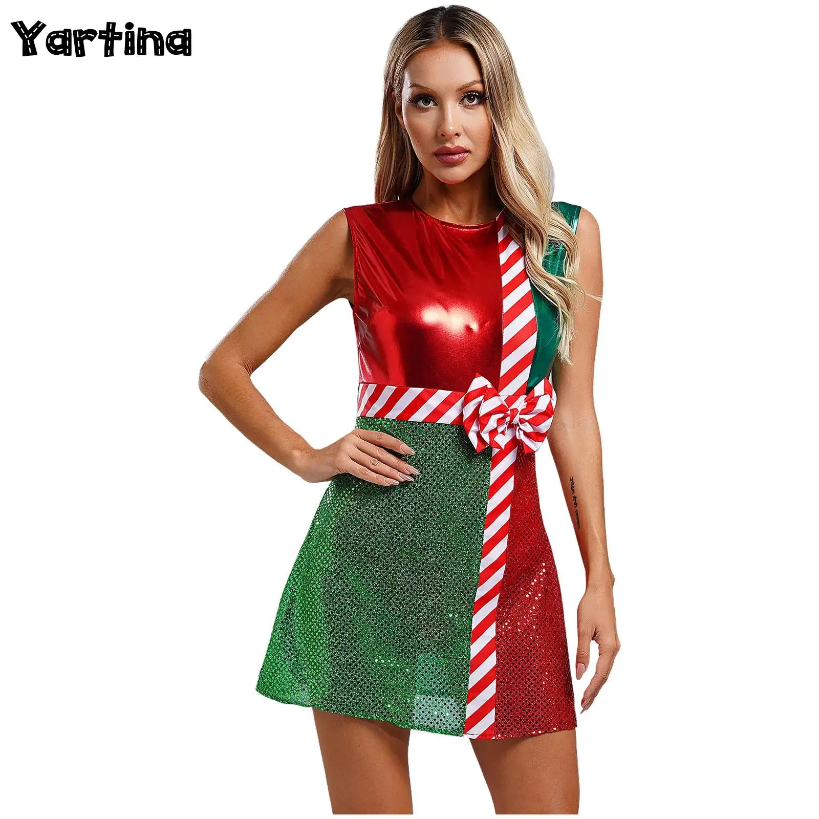 Womens Miss Santa Claus Elf Xmas Christmas Cosplay Costume Halloween Striped Leotard Ballet Tutu Circus Dress with Safe Briefs