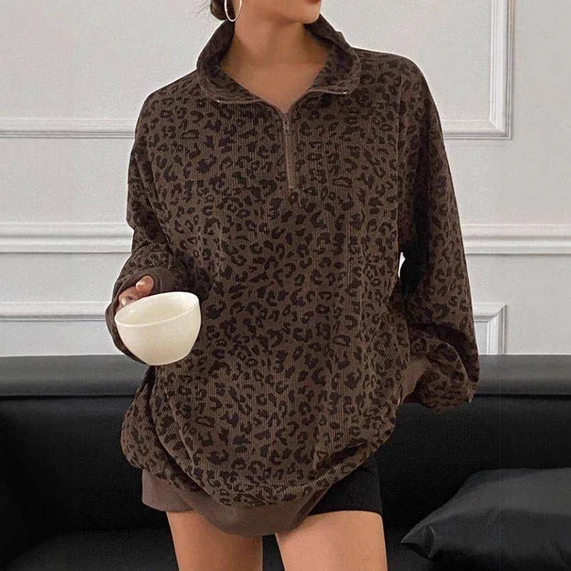 Fashion Leopard Print Oversize Sweatshirt Women Casual Stand Collar Corduroy Pullovers Female Loose Half Zip-up Streetwear Tops