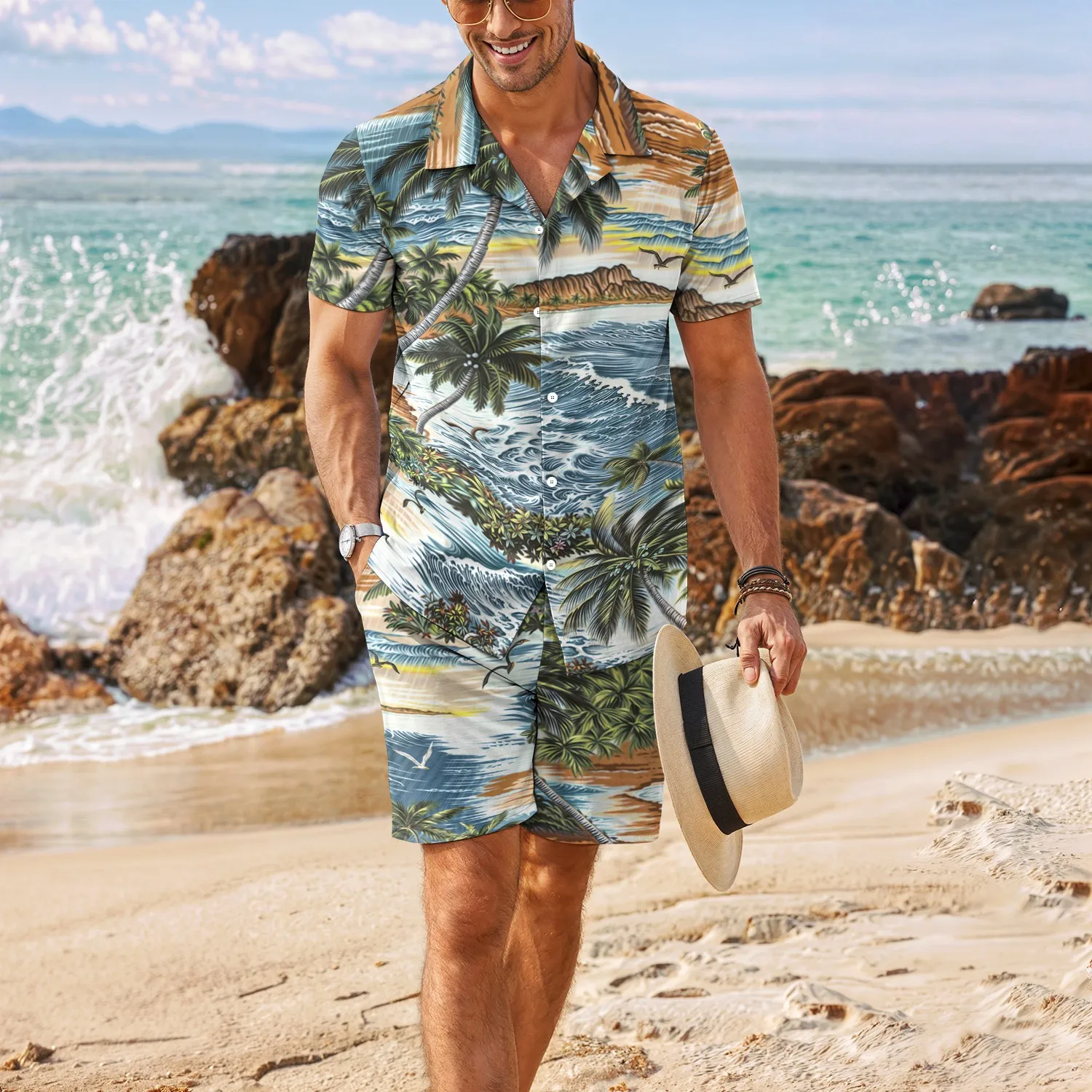 

2025 New Style Palm Tree Tropical Men's Degree 3D Printed Hawaiian Shirt and Shorts Set Casual Fashion Short Sleeve Shirt Set fo