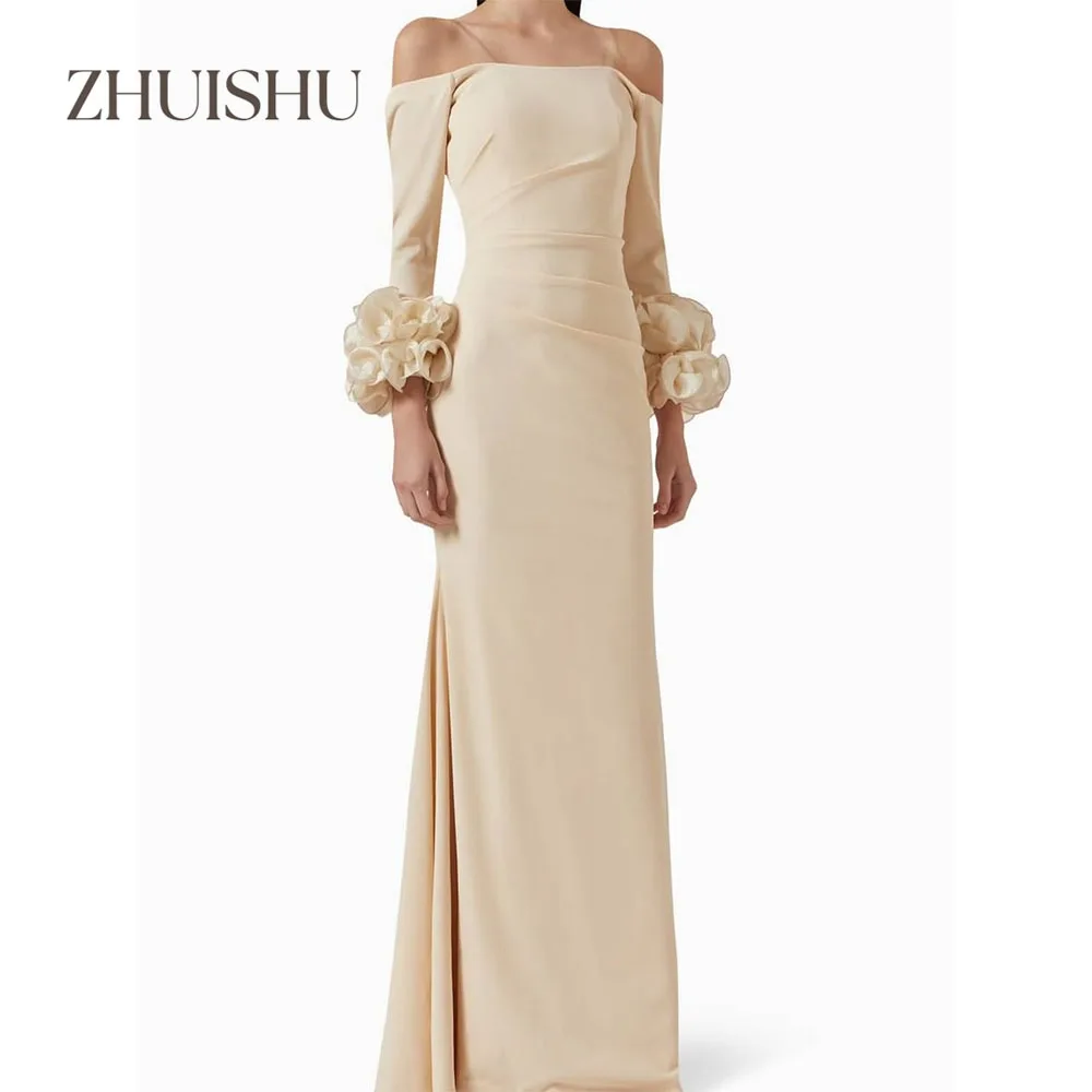 ZHUISHU Boat Neck Long Sleeves Pleated Evening Gown Floor-Length Elegant Special Occasion Dresses Women Customized Party Dresses