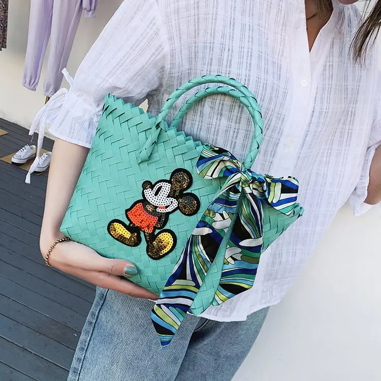 Handmade Straw Woven Bag Mickey Cartoon Square Handbag Casual New Designer Brand Female One Shoulder Bags Outdoor Vacation Bags