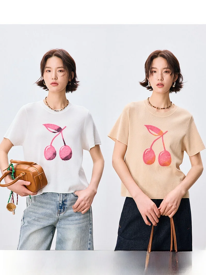 

Удобный женский топ из хлопка с вышивкой вишни, простой и лёгкий, в стиле «ленивый шик»