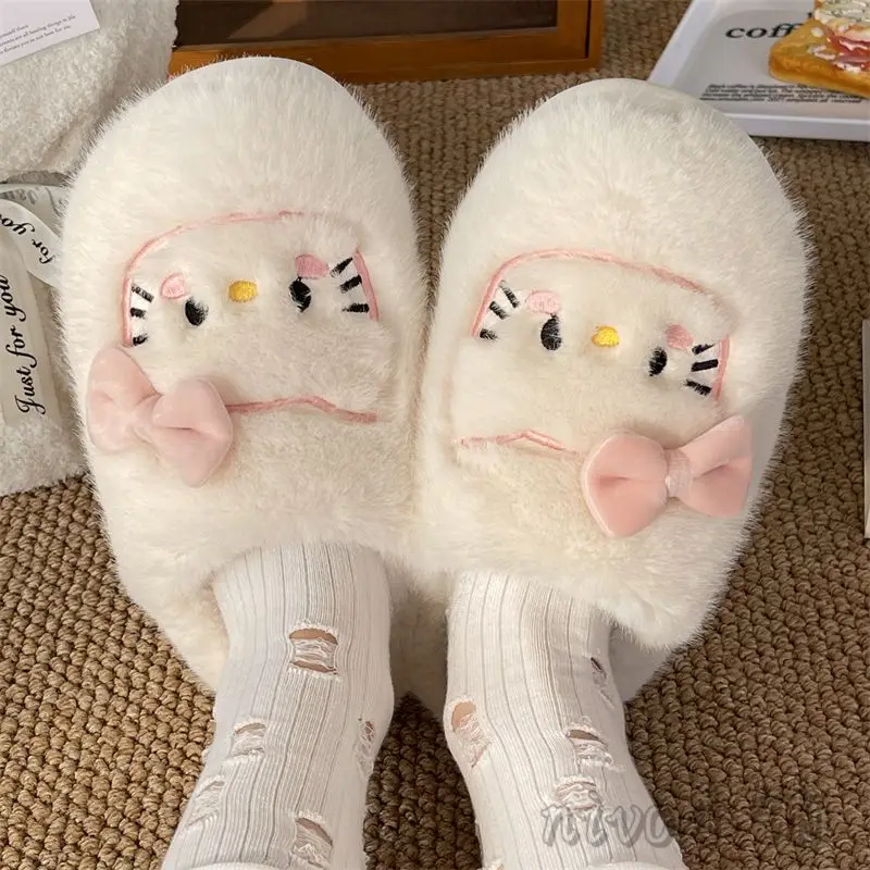 Sanrio Hello Kitty Cartoon Plush Slippers 2023 Winter New Indoor Cotton Slippers Warm Thick Bottom Cute Home Shoes Female