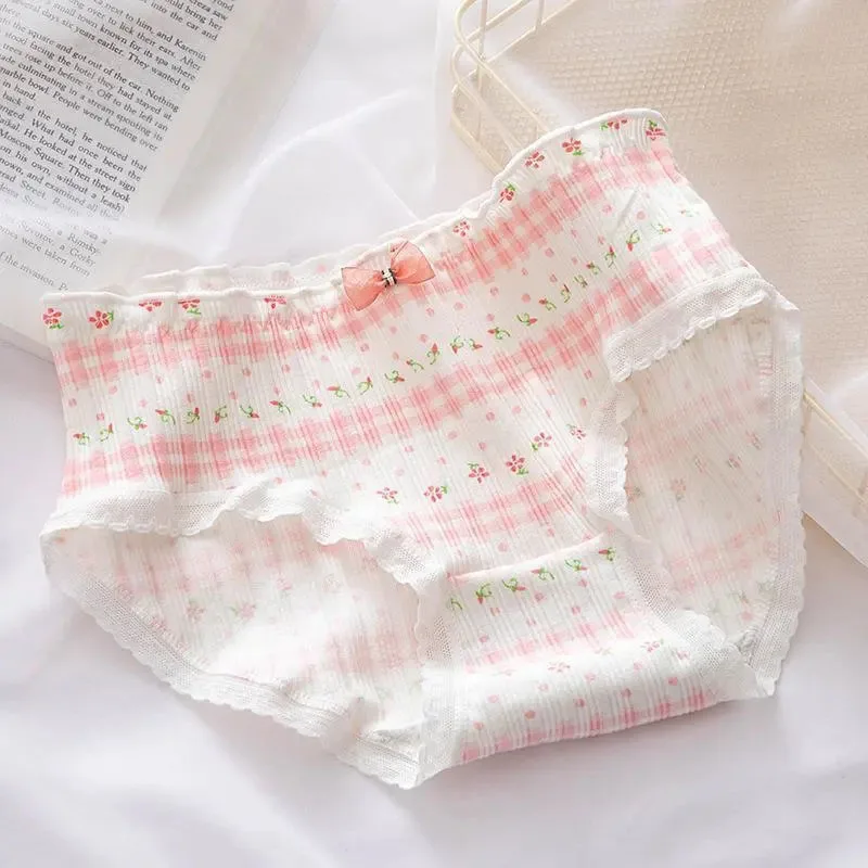 Men Sissy Underwear Elastic Waistband Ruffle Bowknot Decor Panties Threaded Print Briefs Crossdress Cosplay Cross Dresser