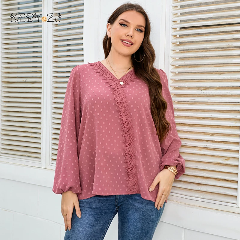 

KEBY ZJ Plus Size Dot Lace Insert Lantern Sleeve Top Blouse Women Spring Summer Casual Sweet V Neck Big Size Blouses 3XL 4XL