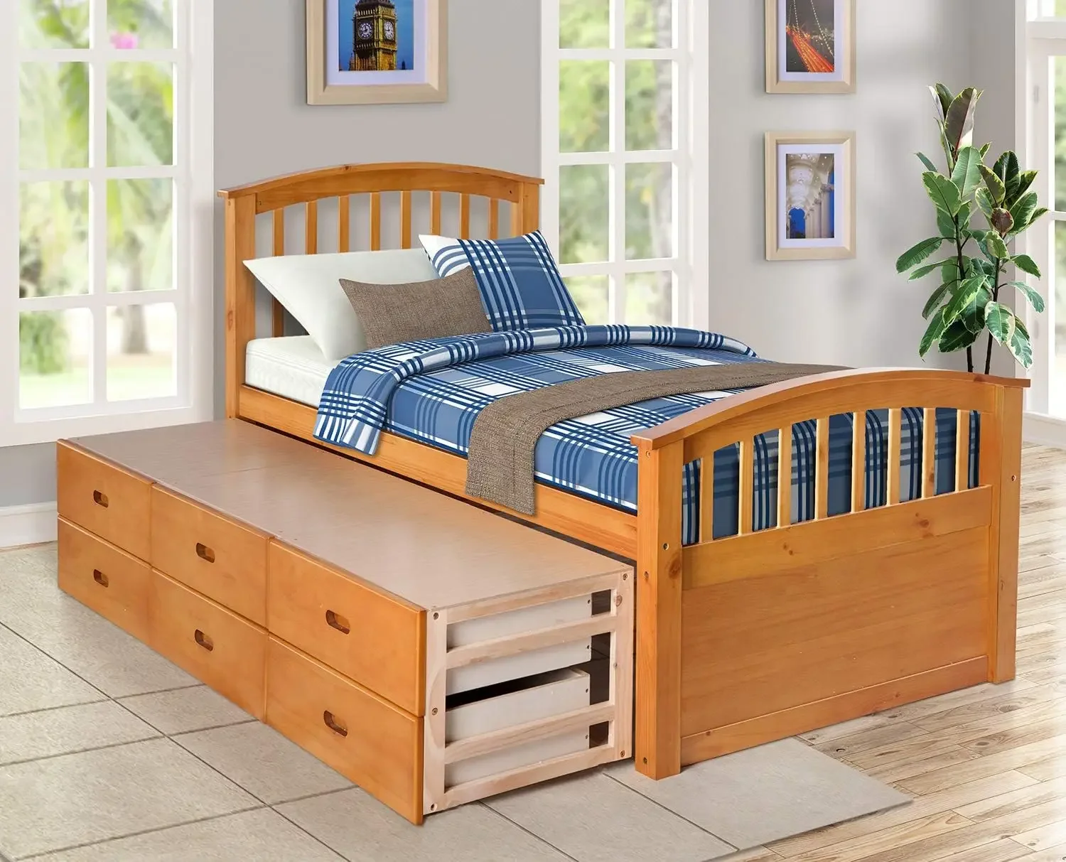 

Twin Size Platform Storage Bed Solid Wood Bed with 6 Drawers