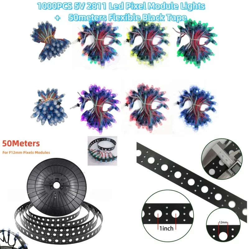 

50Meters Black Flexible Band Tape and 1000pcs 12MM DC5V WS2811 Full Color Led Pixel Module Light/Full Kit for Holiday Decoration