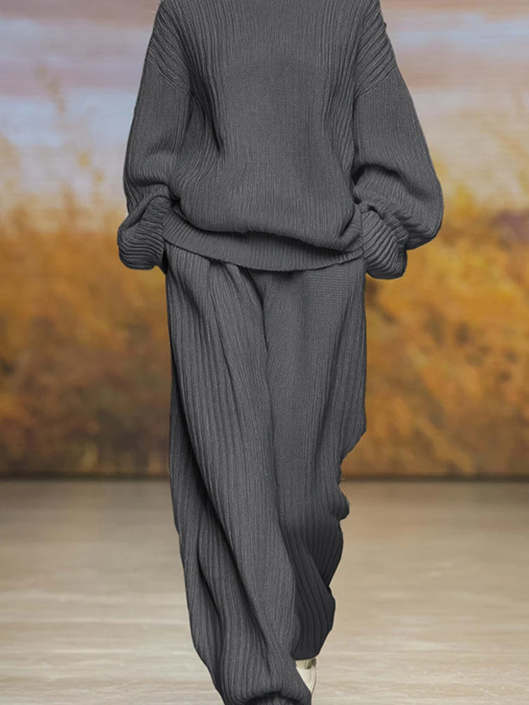 

Elegant Soft Sweater Solid 2Pc Outfits Fashion Turtleneck Long Sleeve Top with Pant Set Women Casual Pocket Knit Long Pant Suits