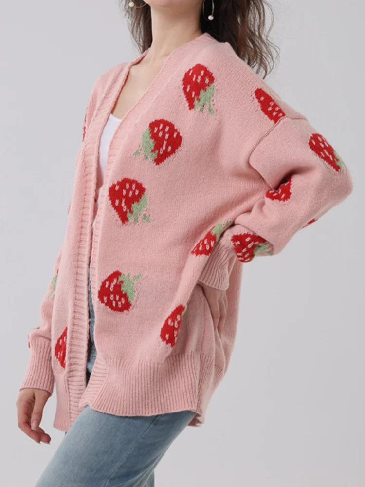 Cardigan for Women Autumn Winter Cozy New Casual Strawberry Pattern All-match Knitted Sweaters Sweet Cute Girls Korean Fashion