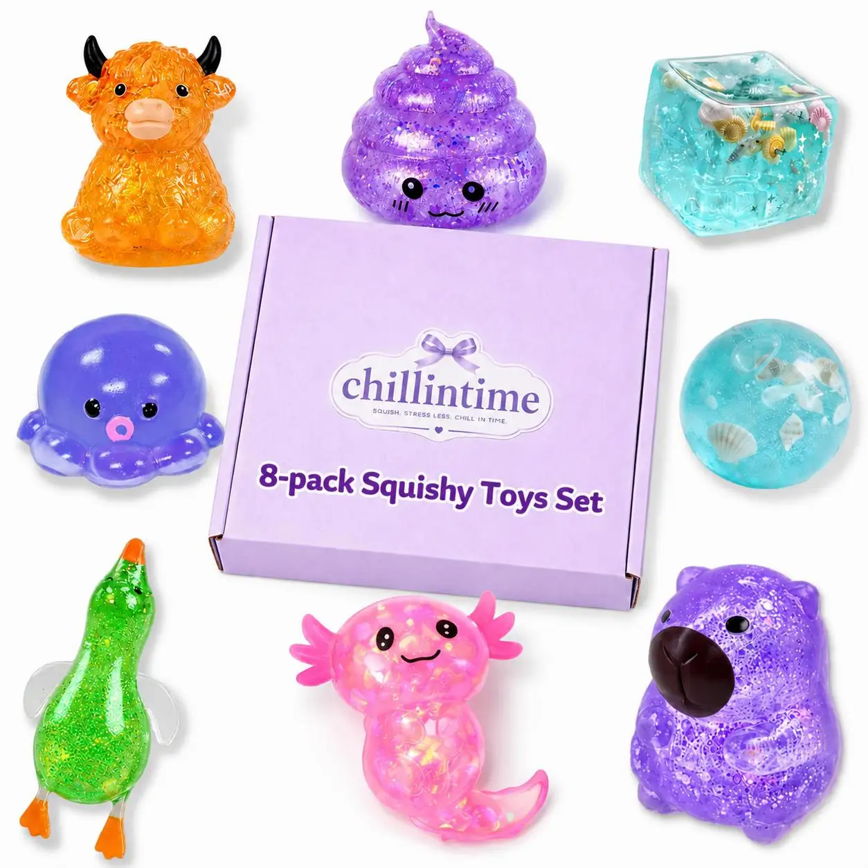 Chillintime 8-Piece Assorted Squishy Toys Set, Slow Rebound Stress Relief Fidget Toys, Soft Kawaii Squishies, Creative Sensory T