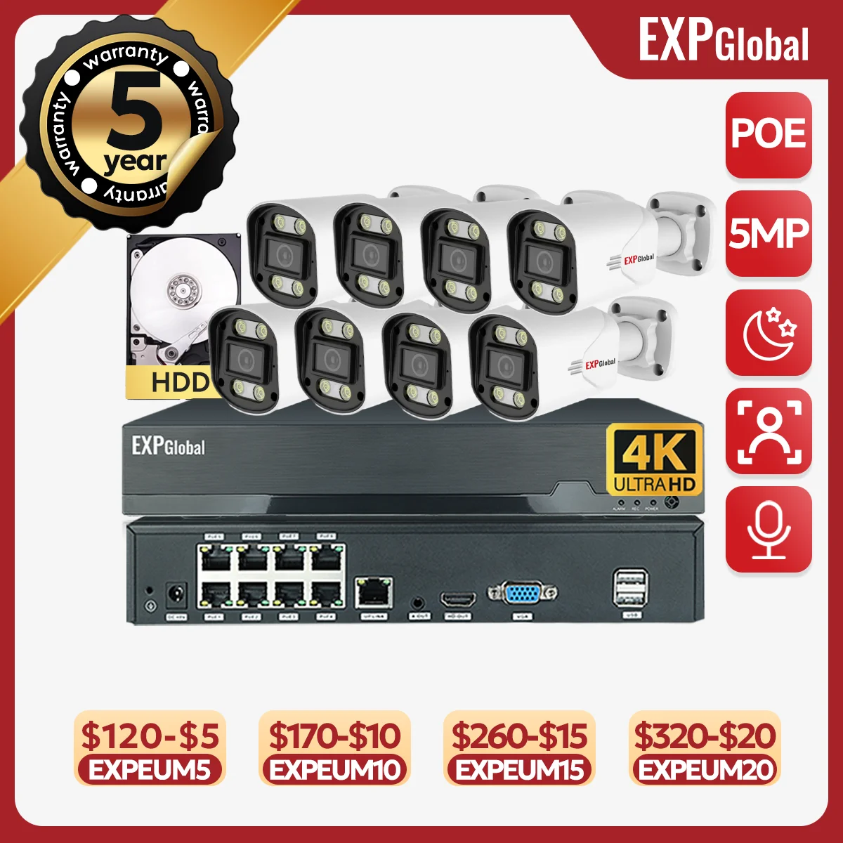 

EXPGlobal 5Mp poe Cctv Security Camera System Home Video Surveillance Kit 4Ch Nvr Audio Outdoor Ip Camera