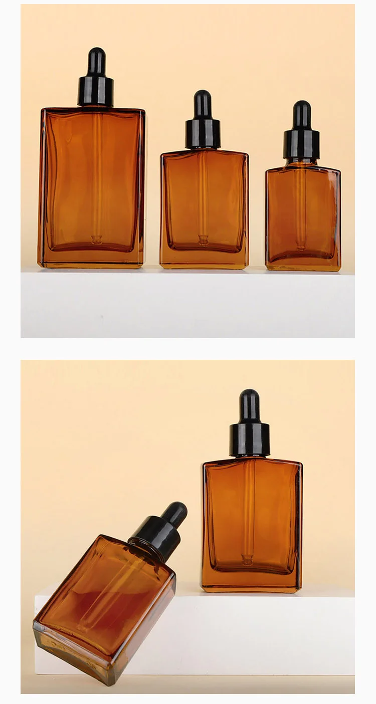 ‌Amber Flat-Shoulder Rectangular Essential Oil Dropper Bottle – 30ml/50ml Refillable Glass Container
