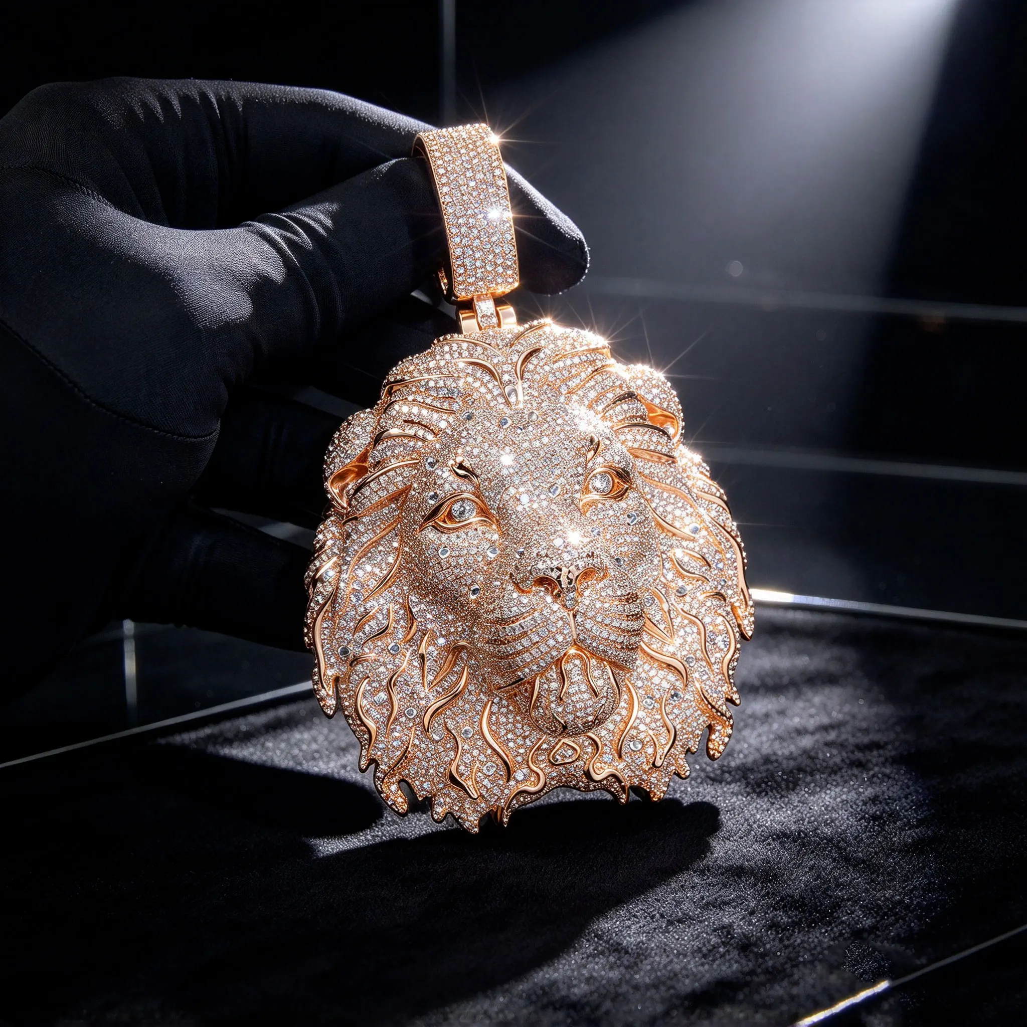 Iced Out 3D Lion Head Pendant Rose Gold Plated Full Micro Paved CZ Diamond, Luxury Bling Lion Charm Necklace, Hip Hop Rapper Statement Pendant for Men Streetwear Jewelry