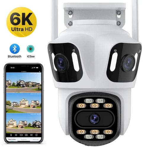 Cámara IP PTZ de tres lentes para exteriores, videocámara de seguridad 6K HD con tres pantallas, WiFi, seguimiento automático, 4K, lente Dual, inalámbrica, CCTV, iCsee