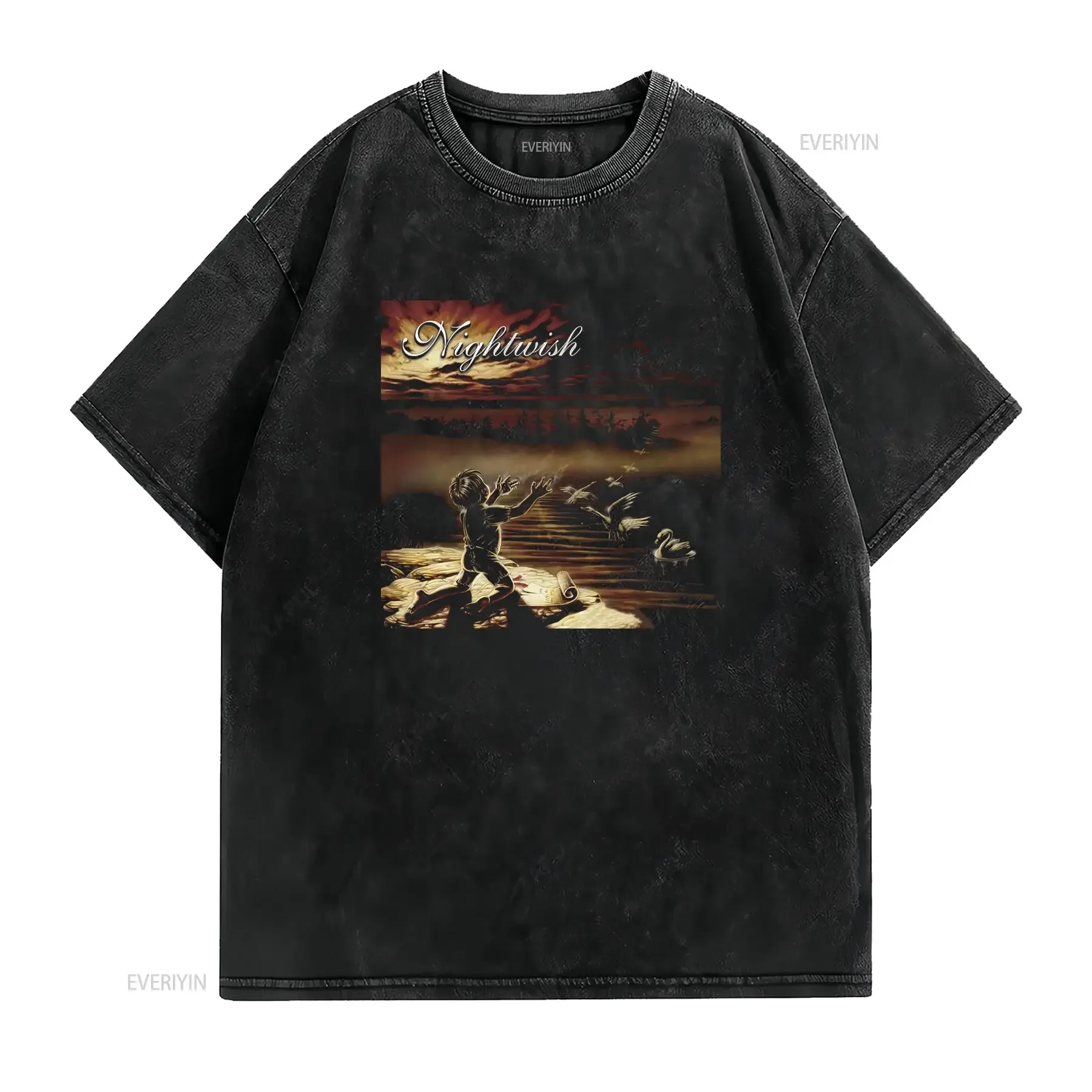 Gothic Dark Vintage Nightwish Rock Band Album Cover Art Swan Print Casual T Shirt vintage Washed Comfortable Stylish Slightly