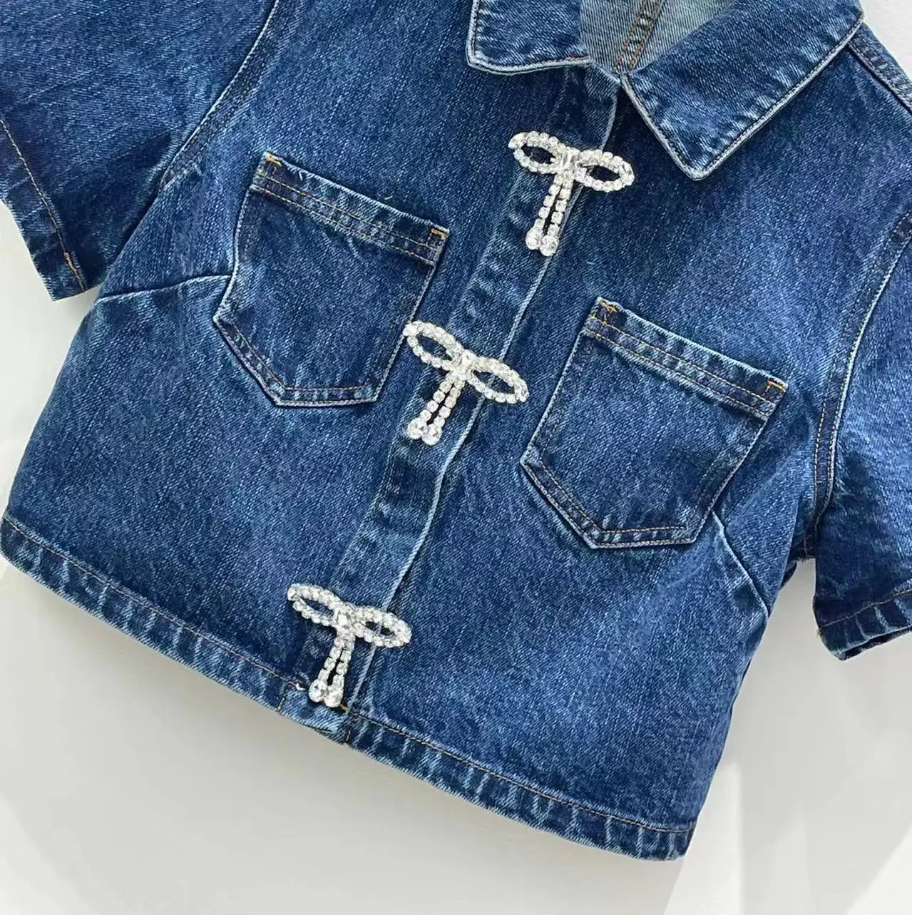 Summer 2024 Women Bow Rhinestone Denim Set Turn-down Collar Short Sleeve Jacket or High Waist A-Line Mini Skirt