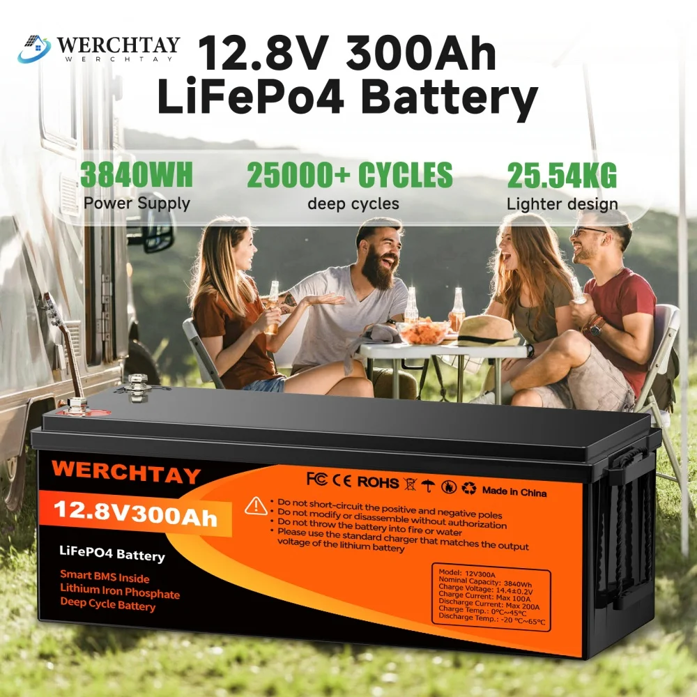 WERCHTAY 12V 300Ah LiFePO4 Battery 300A BMS 25000+ Cycles for Trolling Motor Solar Panel Van Camping Power Supply