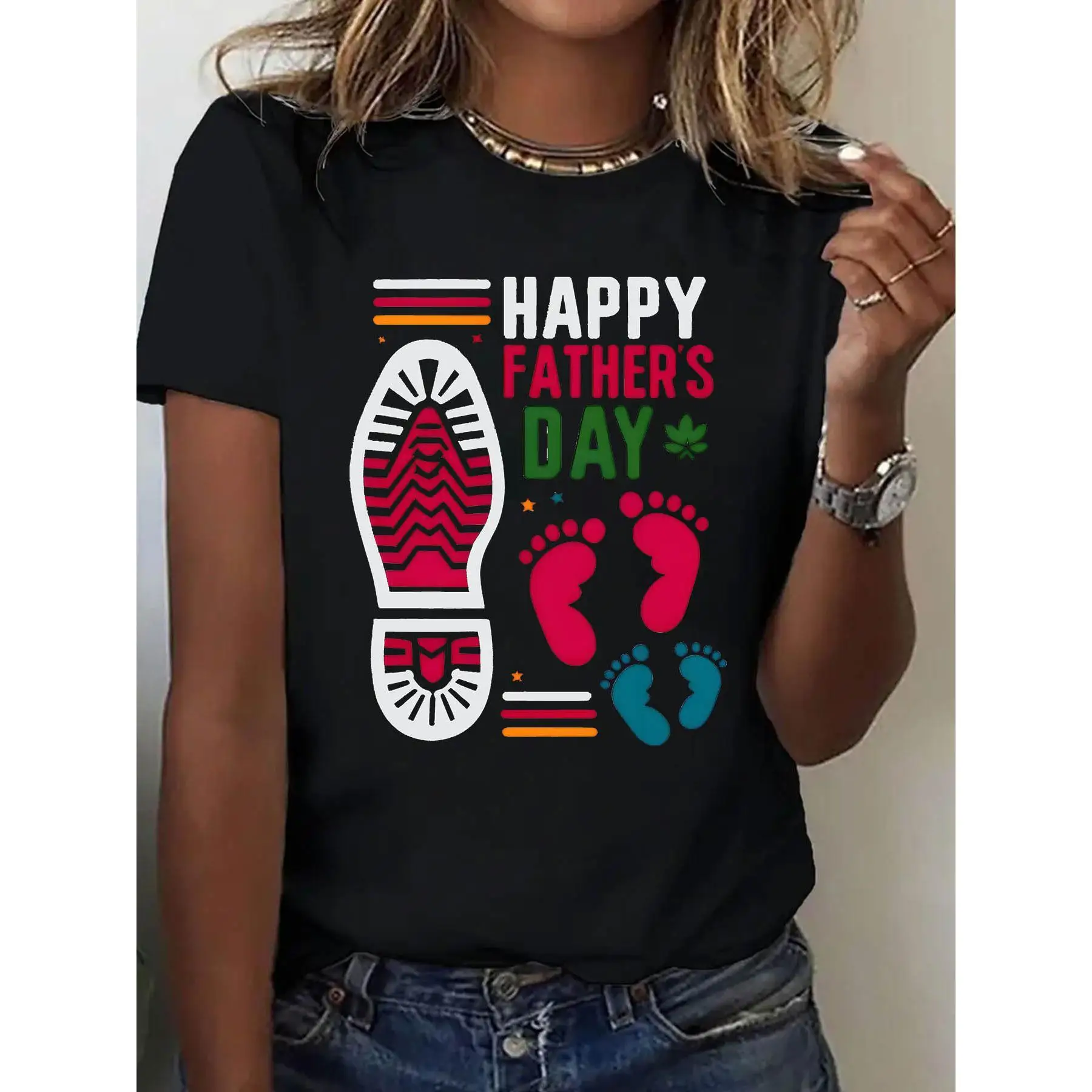 

Women's Casual Short Sleeve T-Shirt - Black Polyester with Colorful Happy Father's Day Print, Round Neck, Machine Washable, Brea