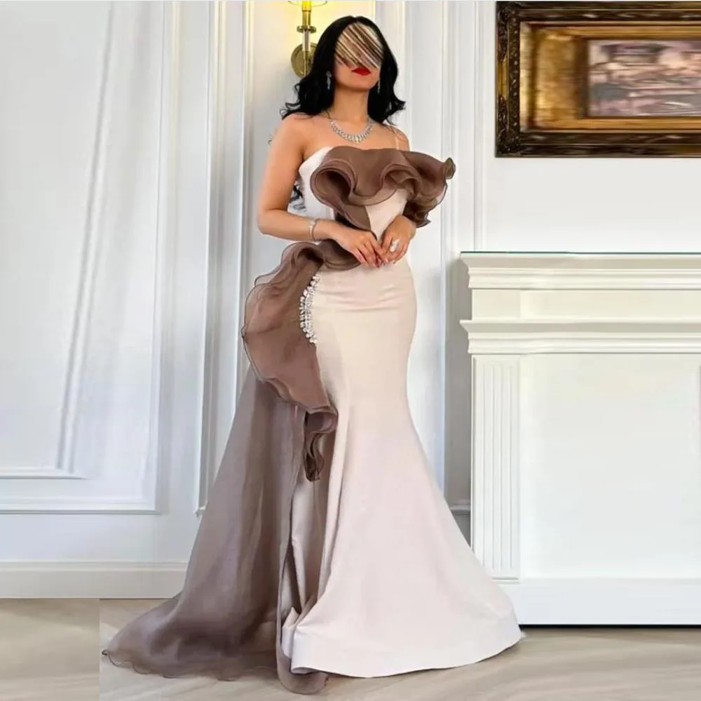 

Customized Elegant Off the Shoulder Evening Dresses 2025 Ruffles Train Satin Birthday Party Gown Crystal Long Formal Dress
