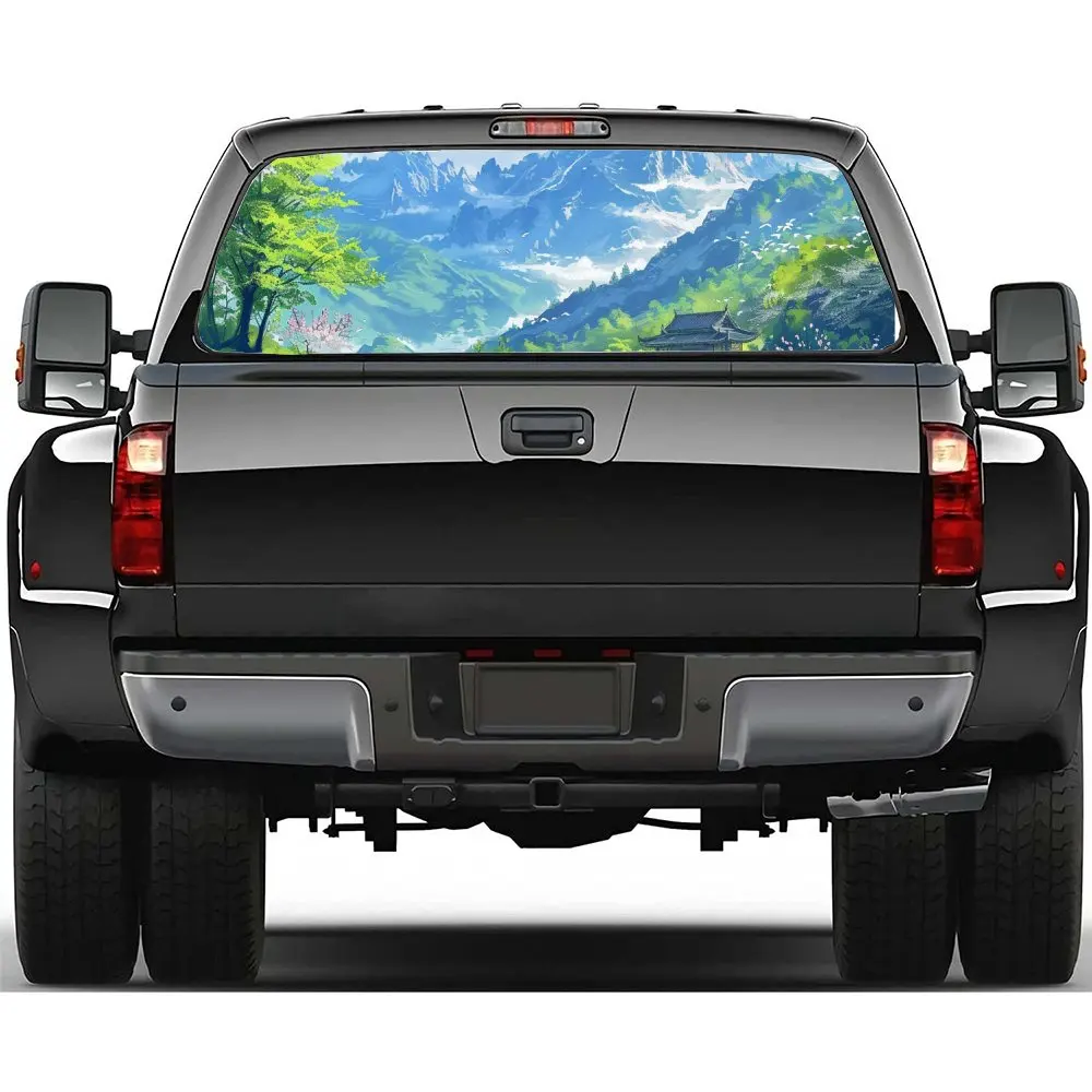 

Аниме Mountaintop небесный пейзаж, наклейка на заднее лобовое стекло автомобиля, окно грузовика, прозрачная перфорированная виниловая наклейка на заднее окно, украшение