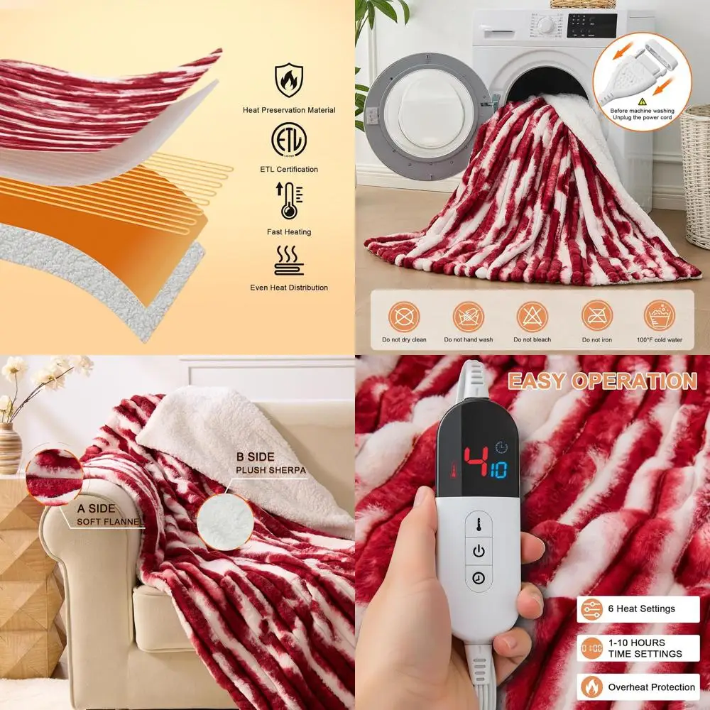 

Электрическое одеяло с подогревом 72x84 см, 6 температурных режимов, автоматическое отключение через 10 часов, подкладка из шерпы и защита от перегрева