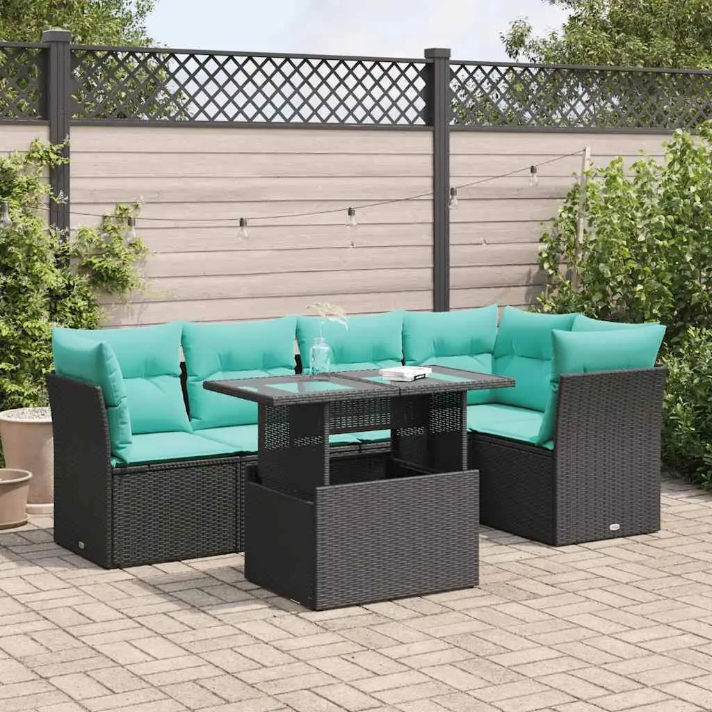 

6 Piece Outdoor Sofa Set with Cushions Black Rattan and Acacia Wood Garden Furniture