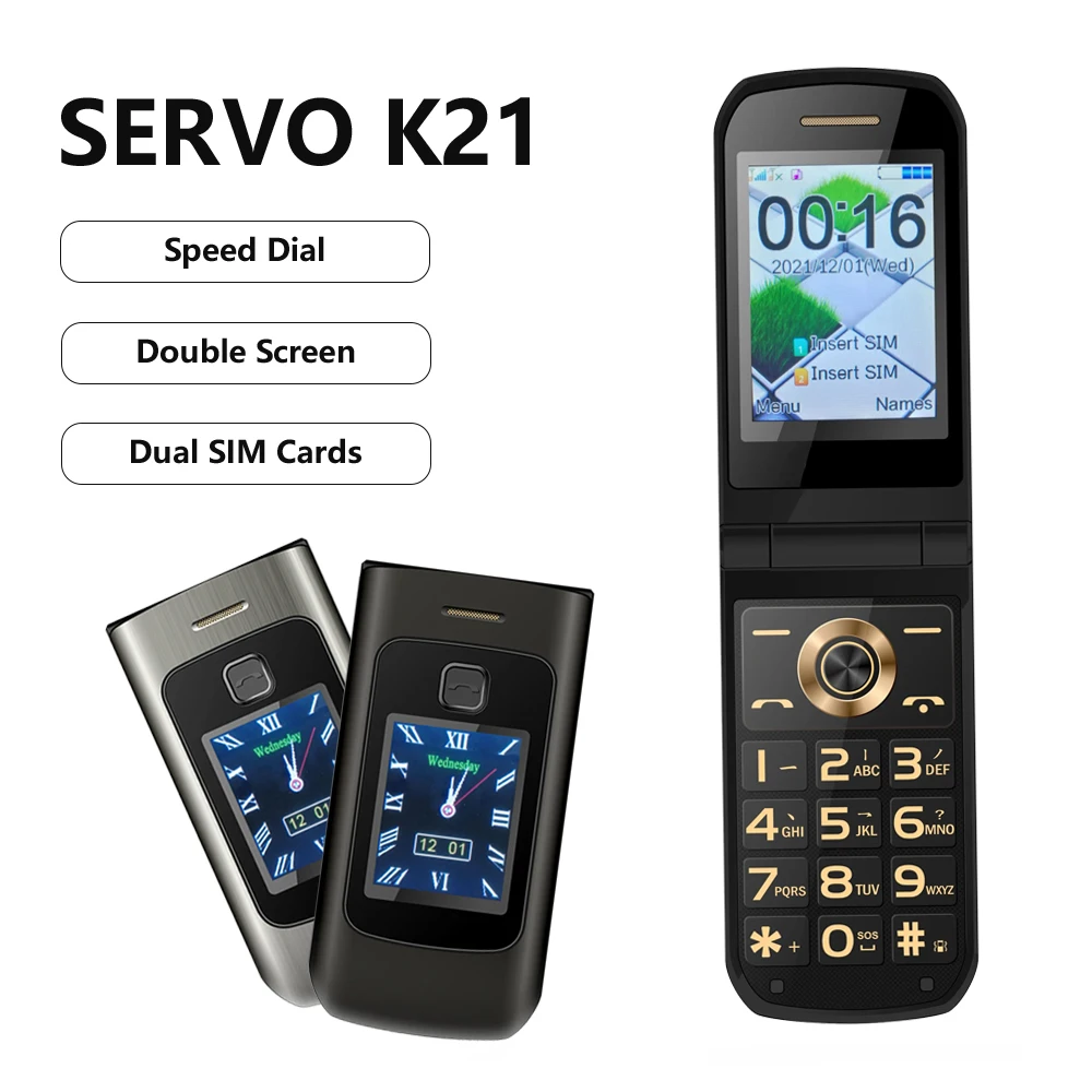 SERVO K21 Flip Feature Dual Display Phone 2G GSM Dual SIM Standby Flashlight FM Radio Speed Dial Big Button Phones Multilingual